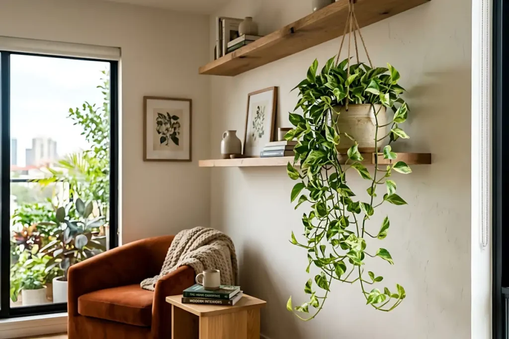 Jiboia Pendente Em Prateleira Alta Dentro De Sala Iluminada