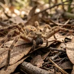 Aranha Cacadora Australiana Do Genero Heteropoda Em Superficie De Folhas Secas